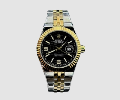 Rolex Oyster Perpetual Datejust with a black dial, gold bezel, gold hour markers and hands, and a two-tone (silver & gold) Jubilee bracelet