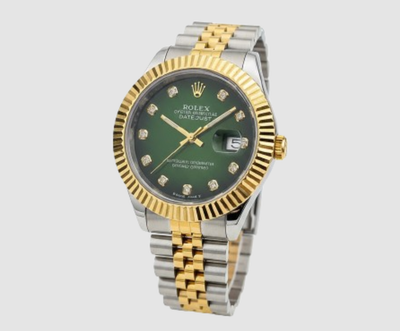 Rolex Datejust with a green diamond dial, gold fluted bezel, and a two-tone (gold & stainless steel) Jubilee bracelet.