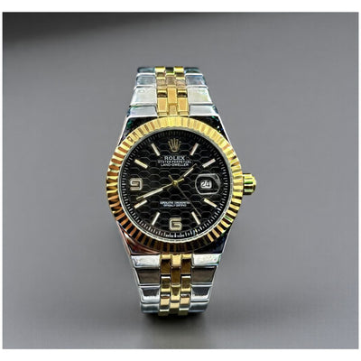 Rolex Oyster Perpetual Datejust with a black dial, gold bezel, gold hour markers and hands, and a two-tone (silver & gold) Jubilee bracelet