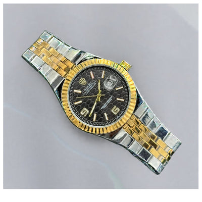 Rolex Oyster Perpetual Datejust with a black dial, gold bezel, gold hour markers and hands, and a two-tone (silver & gold) Jubilee bracelet